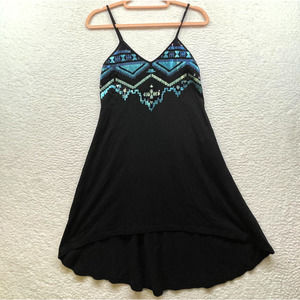 Express Dress Women Extra Small Black Blue Sequin Aztec V Neck Slip Hi Low